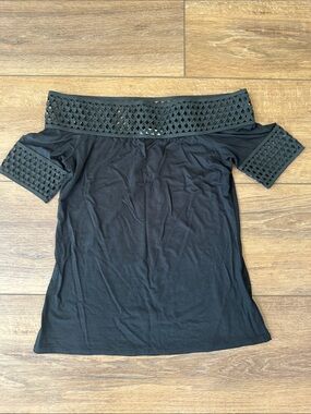 Off-Shoulder Black Top with Eyelet Lace Trim
